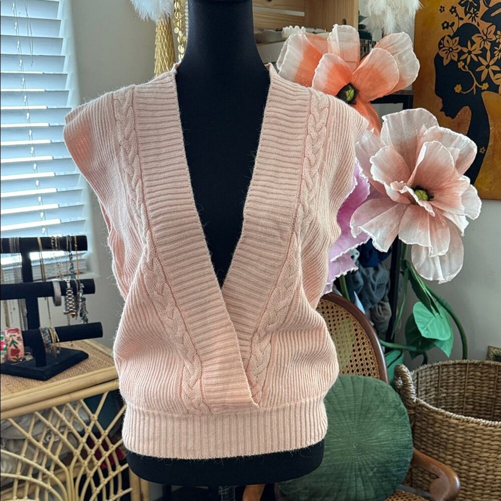 Vintage 90s/Y2K Tan Jay Peach Cable Knit Open Front Popover Sweater Vest